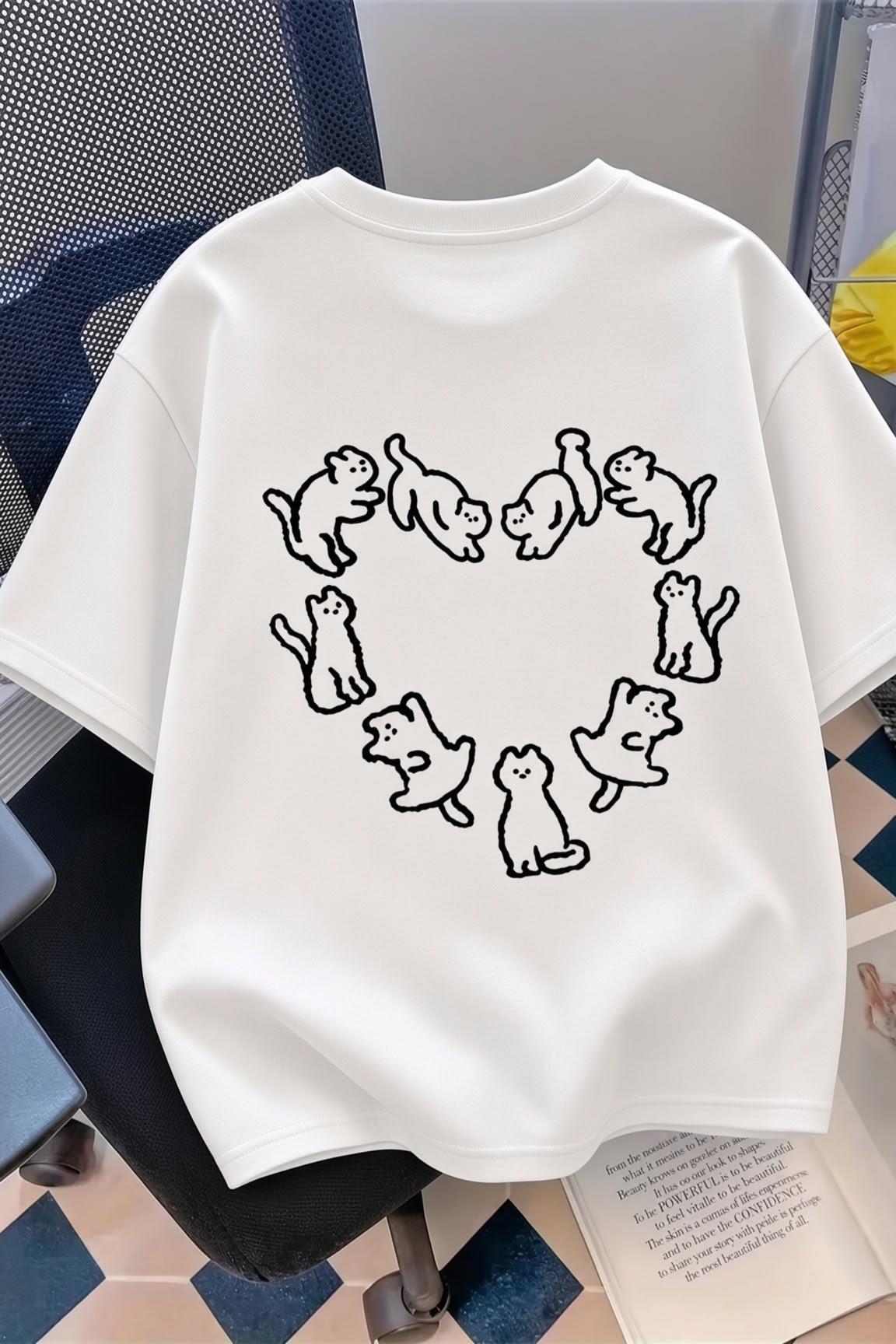 Kedi Kalp Desenli Oversize/Rahat Kesim Kısa Kollu T-shirt