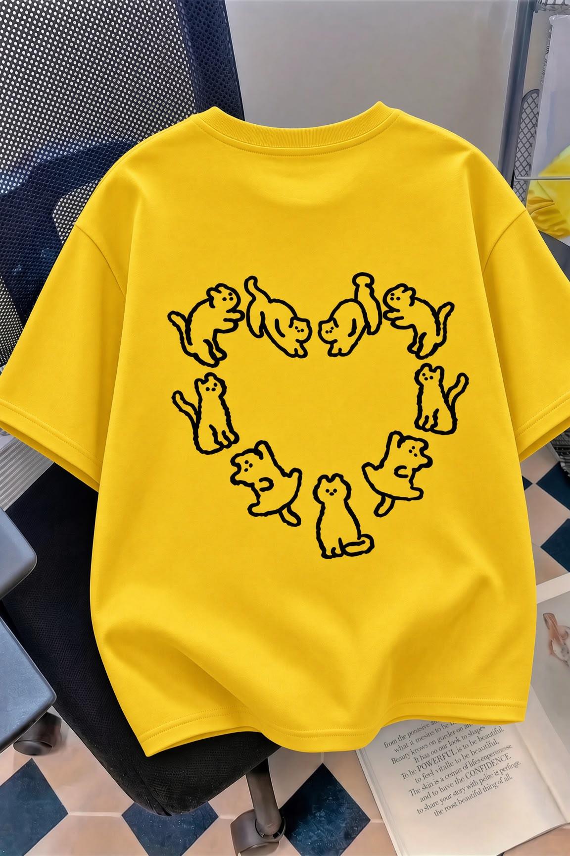 Kedi Kalp Desenli Oversize/Rahat Kesim Kısa Kollu T-shirt