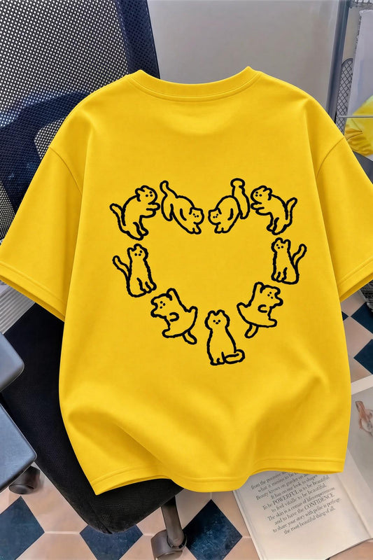 Kedi Kalp Desenli Oversize/Rahat Kesim Kısa Kollu T-shirt