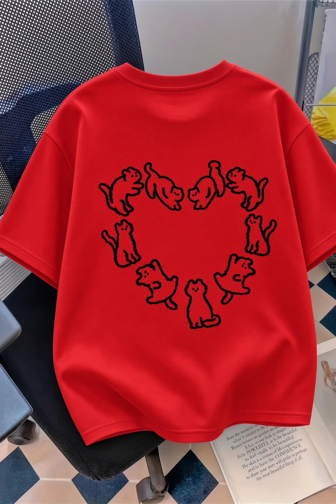 Kedi Kalp Desenli Oversize/Rahat Kesim Kısa Kollu T-shirt
