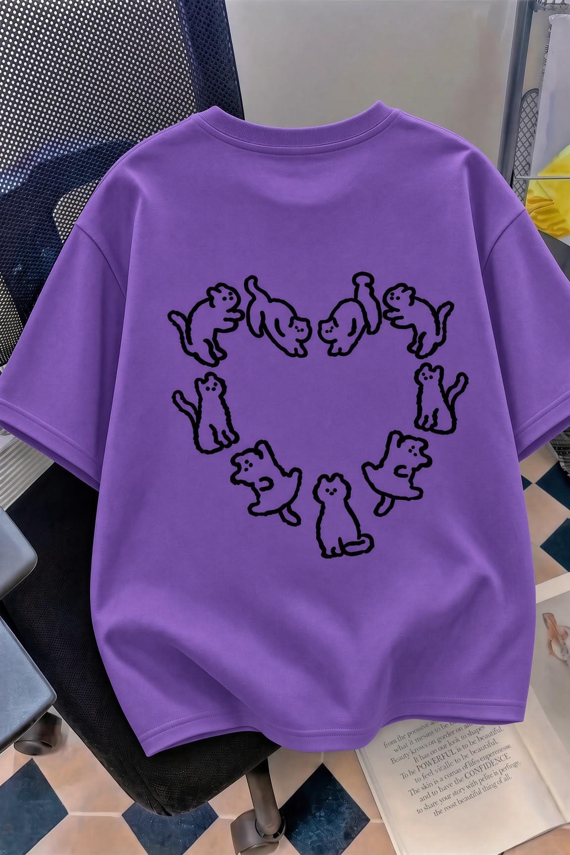 Kedi Kalp Desenli Oversize/Rahat Kesim Kısa Kollu T-shirt