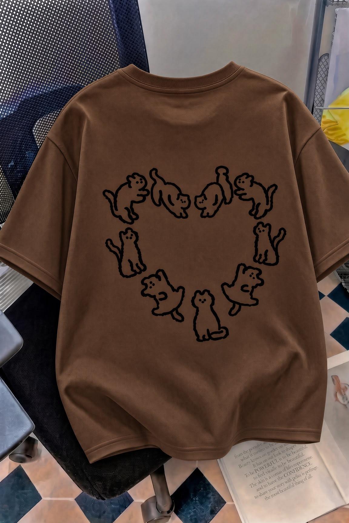 Kedi Kalp Desenli Oversize/Rahat Kesim Kısa Kollu T-shirt