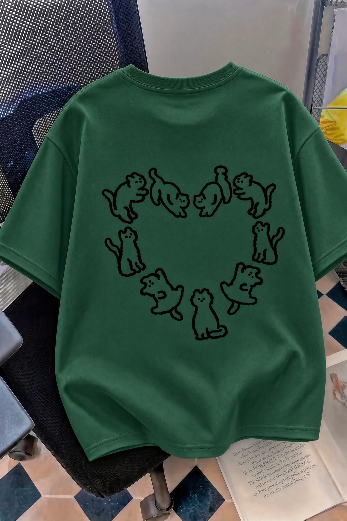 Kedi Kalp Desenli Oversize/Rahat Kesim Kısa Kollu T-shirt