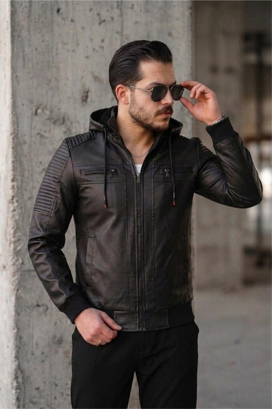 Kegg Erkek Siyah Slim Fit Kapüşonlu Omuz Detaylı Suni Deri Ceket