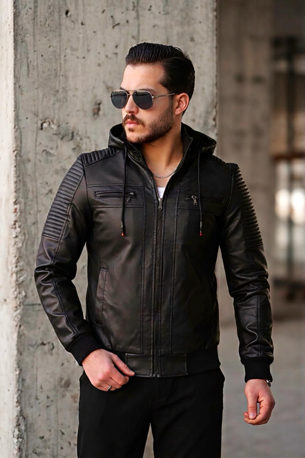 Kegg Erkek Siyah Slim Fit Kapüşonlu Omuz Detaylı Suni Deri Ceket