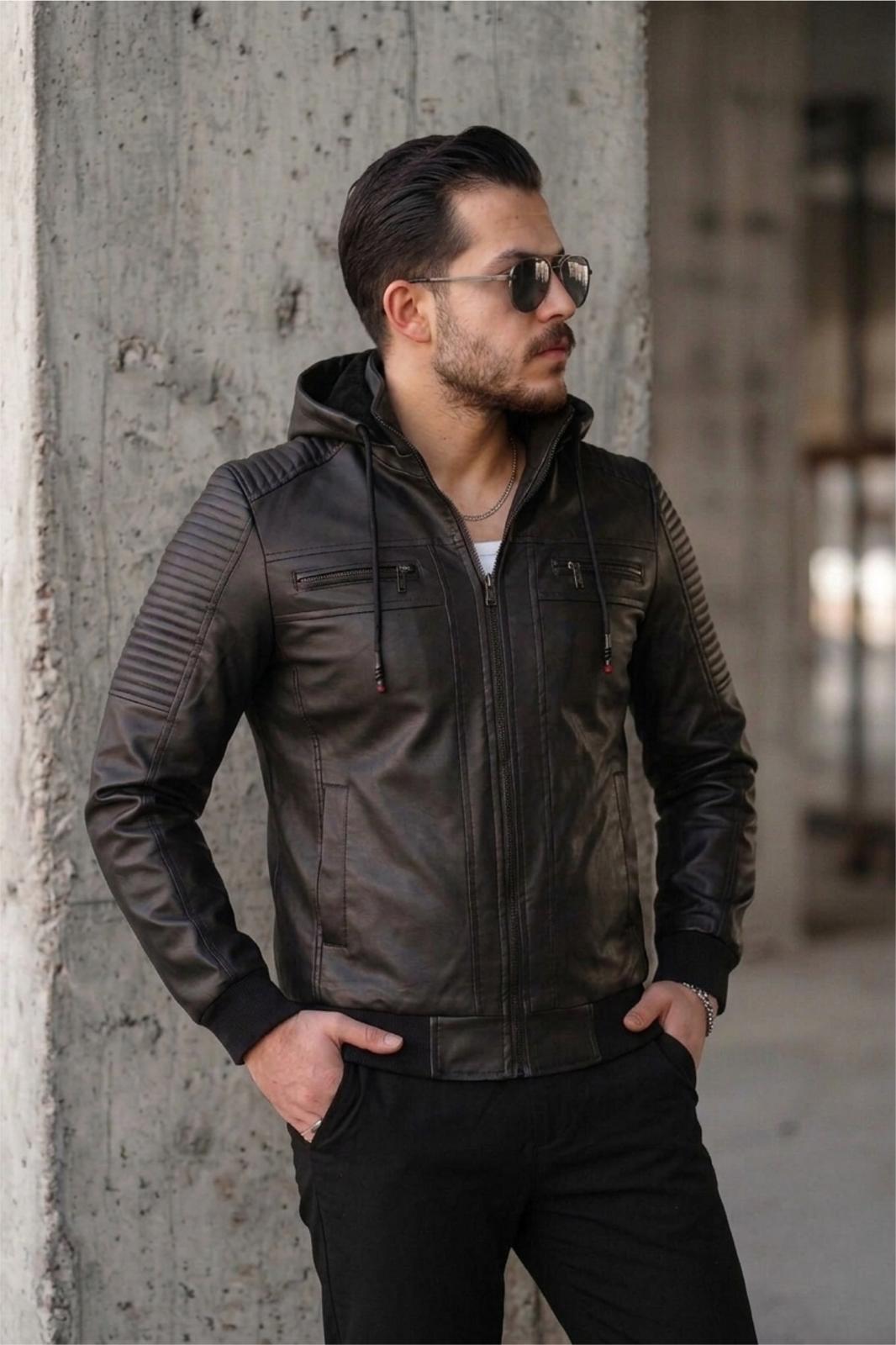 Kegg Erkek Siyah Slim Fit Kapüşonlu Omuz Detaylı Suni Deri Ceket