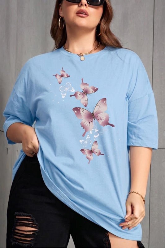 Kelebek Baskılı Kadın Büyük Beden Battal Bisiklet Yaka Pamuklu T-Shirt Rahat Kesim
