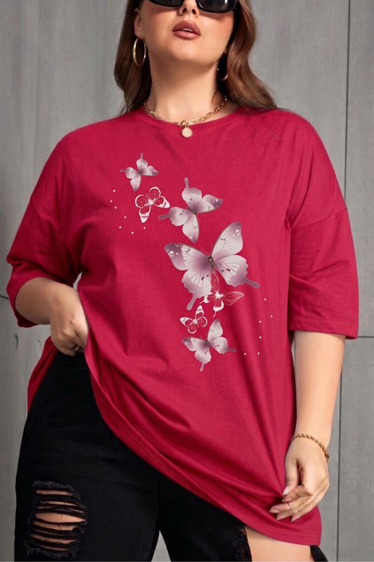 Kelebek Baskılı Kadın Büyük Beden Battal Bisiklet Yaka Pamuklu T-Shirt Rahat Kesim