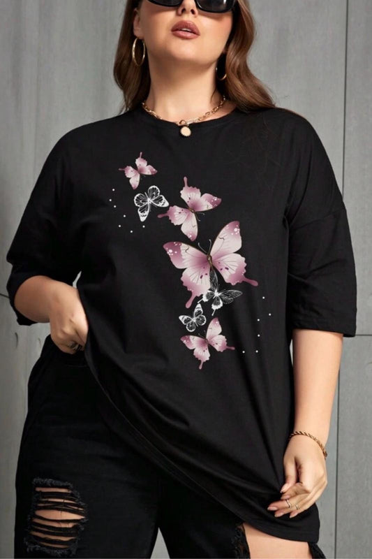 Kelebek Baskılı Kadın Büyük Beden Battal Bisiklet Yaka Pamuklu T-Shirt Rahat Kesim