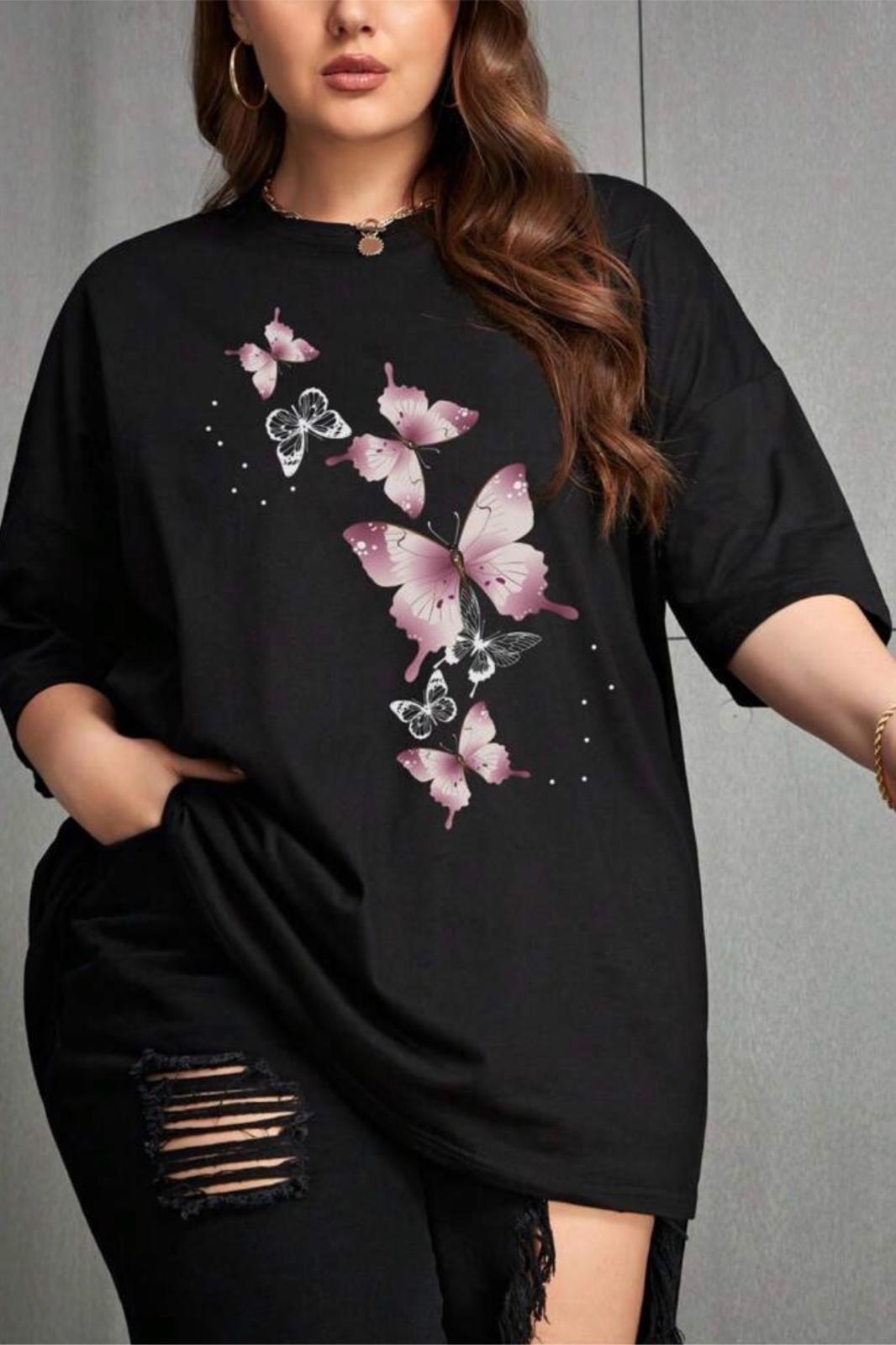 Kelebek Baskılı Kadın Büyük Beden Battal Bisiklet Yaka Pamuklu T-Shirt Rahat Kesim