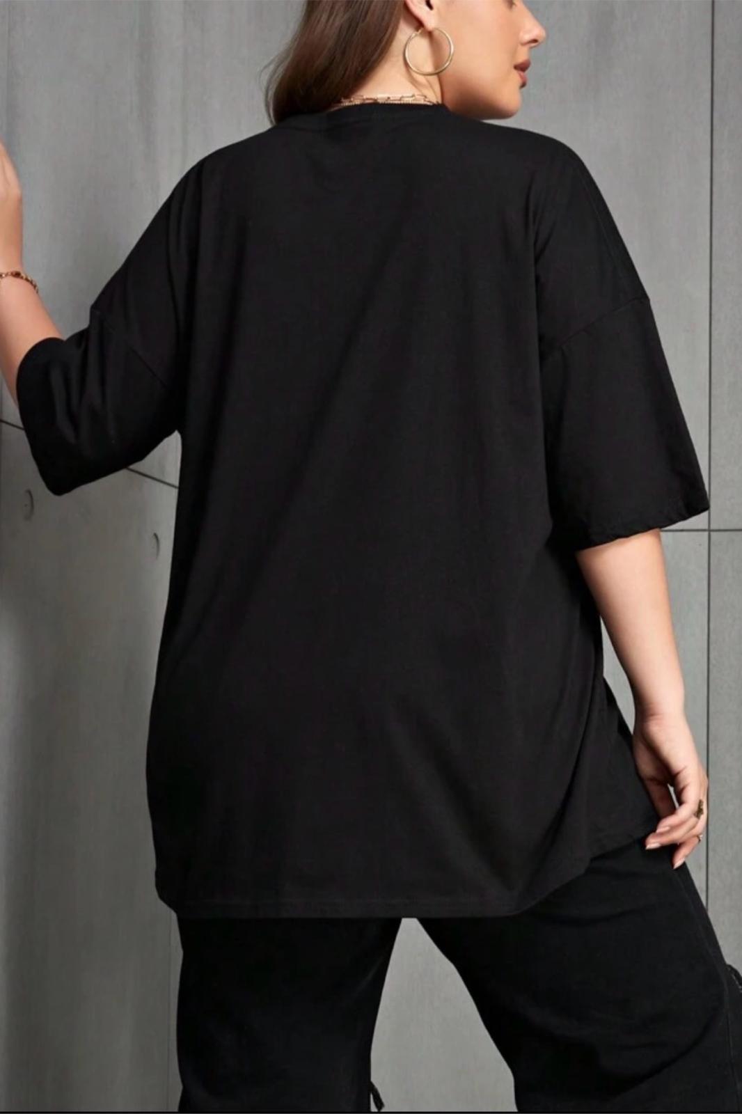 Kelebek Baskılı Kadın Büyük Beden Battal Bisiklet Yaka Pamuklu T-Shirt Rahat Kesim