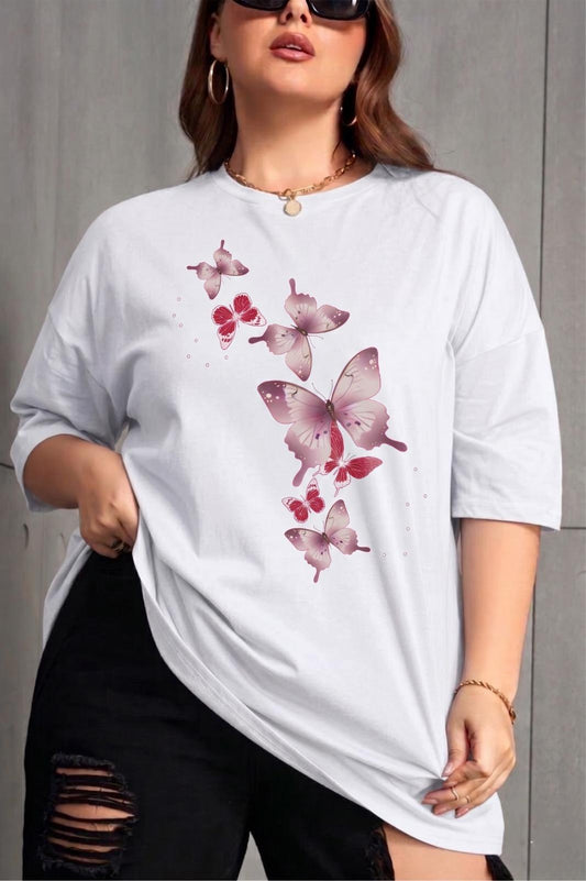Kelebek Baskılı Kadın Büyük Beden Battal Bisiklet Yaka Pamuklu T-Shirt Rahat Kesim