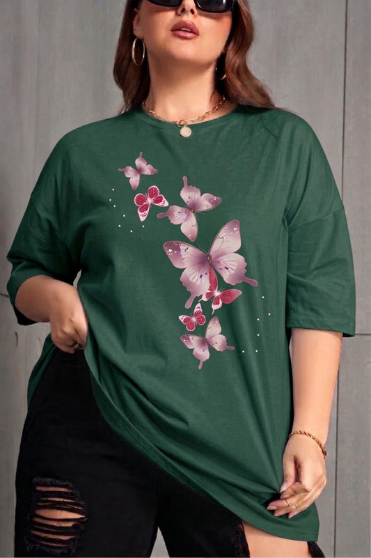 Kelebek Baskılı Kadın Büyük Beden Battal Bisiklet Yaka Pamuklu T-Shirt Rahat Kesim