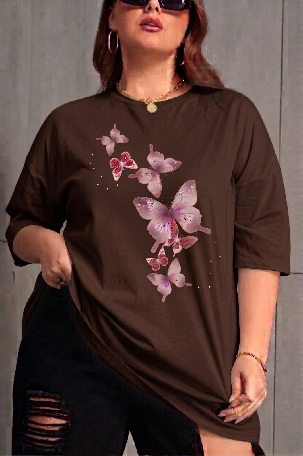 Kelebek Baskılı Kadın Büyük Beden Battal Bisiklet Yaka Pamuklu T-Shirt Rahat Kesim