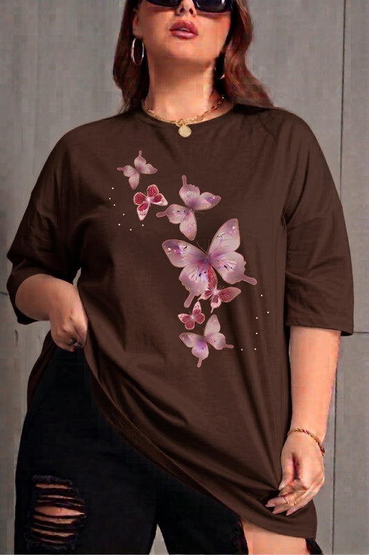 Kelebek Baskılı Kadın Büyük Beden Battal Bisiklet Yaka Pamuklu T-Shirt Rahat Kesim