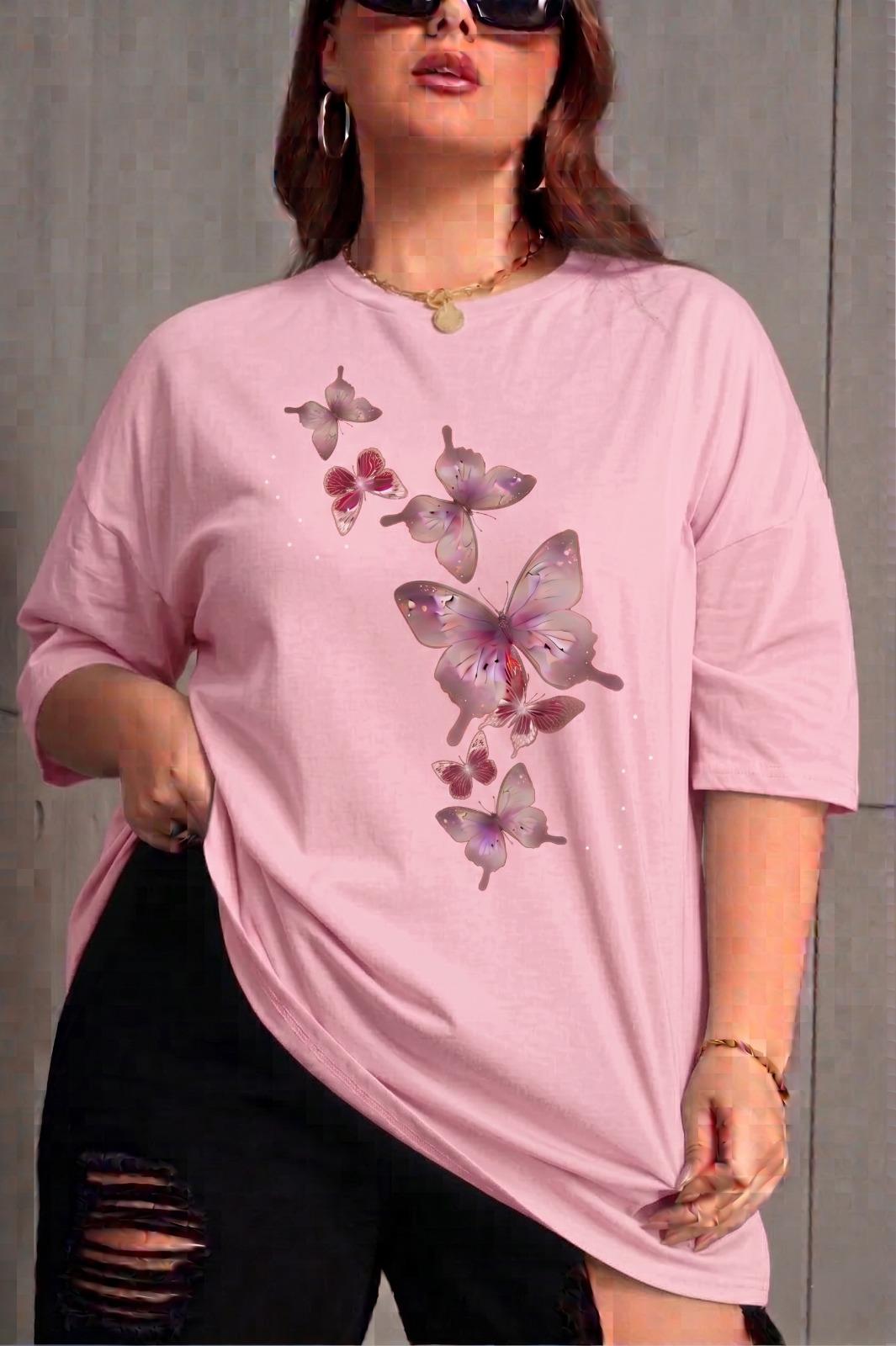 Kelebek Baskılı Kadın Büyük Beden Battal Bisiklet Yaka Pamuklu T-Shirt Rahat Kesim