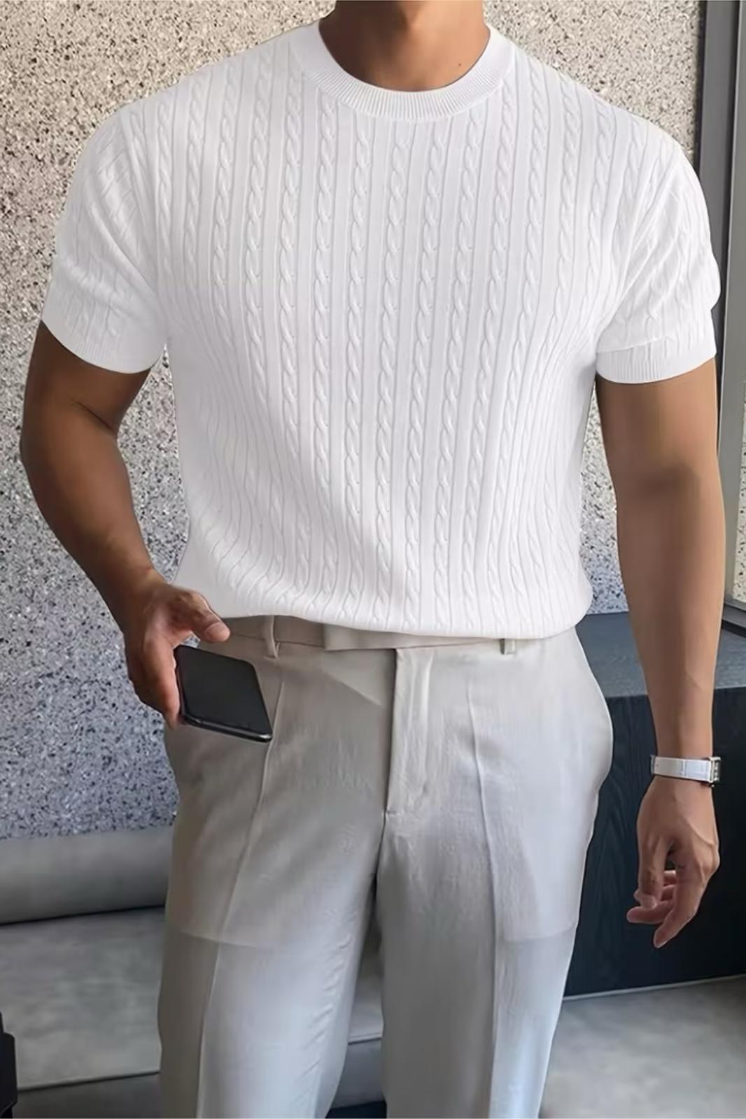 Kelly Lüks Seri Erkek Slim Fit Saç Örgü Desenli Bisiklet Yaka Kısa Kollu Triko Tişört