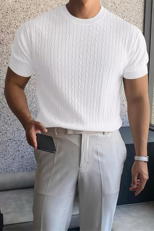Kelly Lüks Seri Erkek Slim Fit Saç Örgü Desenli Bisiklet Yaka Kısa Kollu Triko Tişört