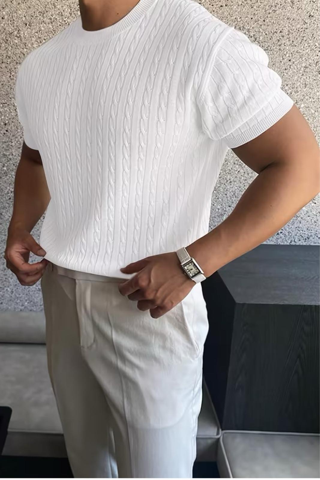 Kelly Lüks Seri Erkek Slim Fit Saç Örgü Desenli Bisiklet Yaka Kısa Kollu Triko Tişört