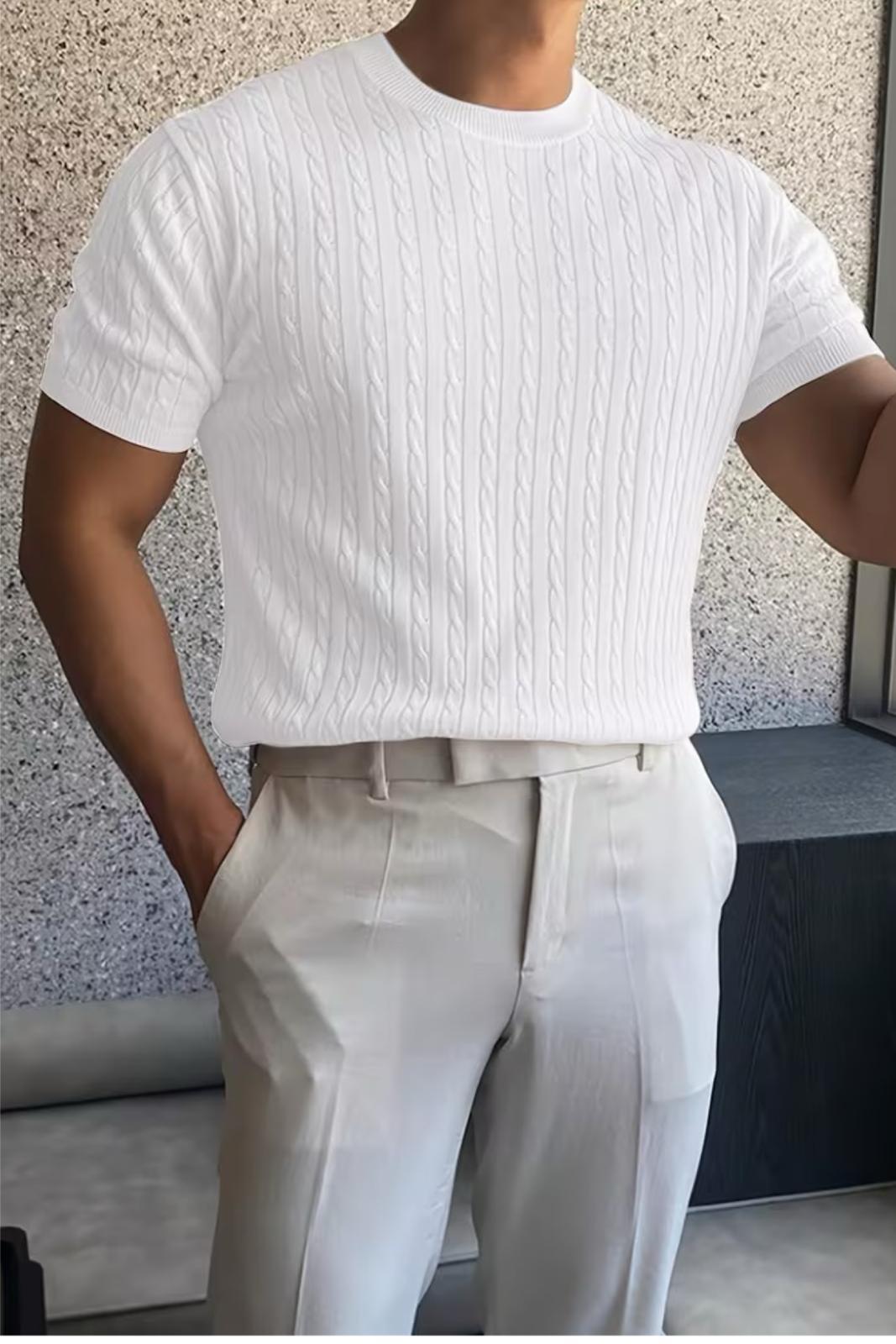 Kelly Lüks Seri Erkek Slim Fit Saç Örgü Desenli Bisiklet Yaka Kısa Kollu Triko Tişört