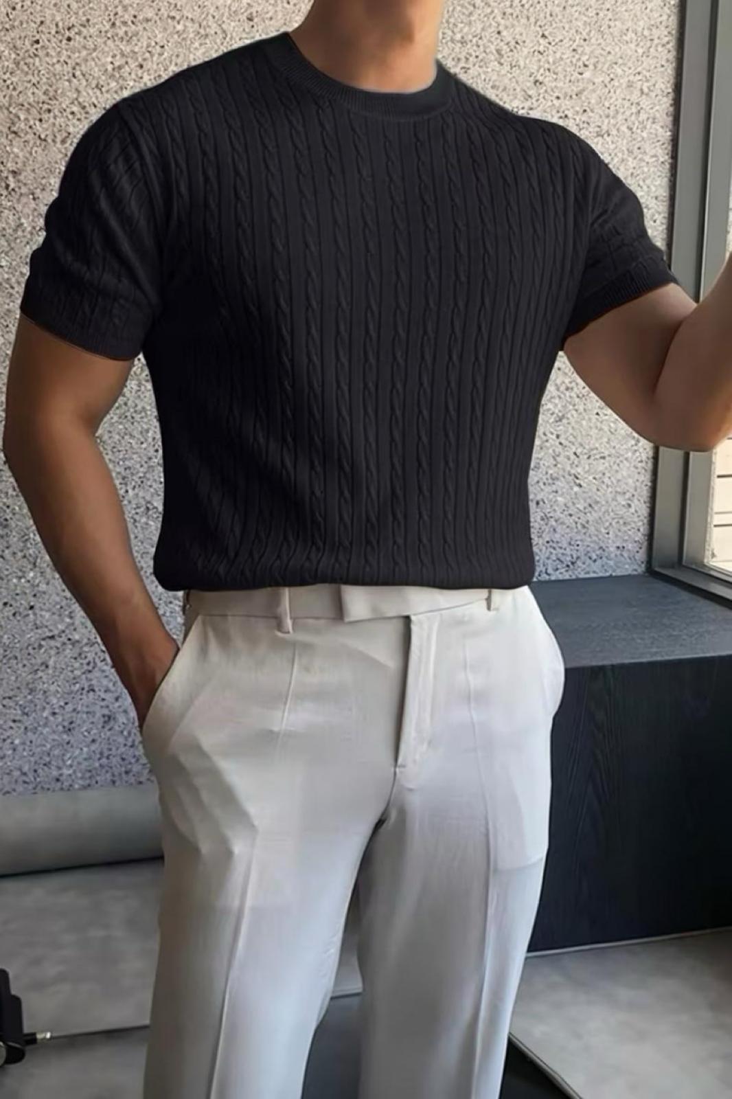 Kelly Lüks Seri Erkek Slim Fit Saç Örgü Desenli Bisiklet Yaka Kısa Kollu Triko Tişört