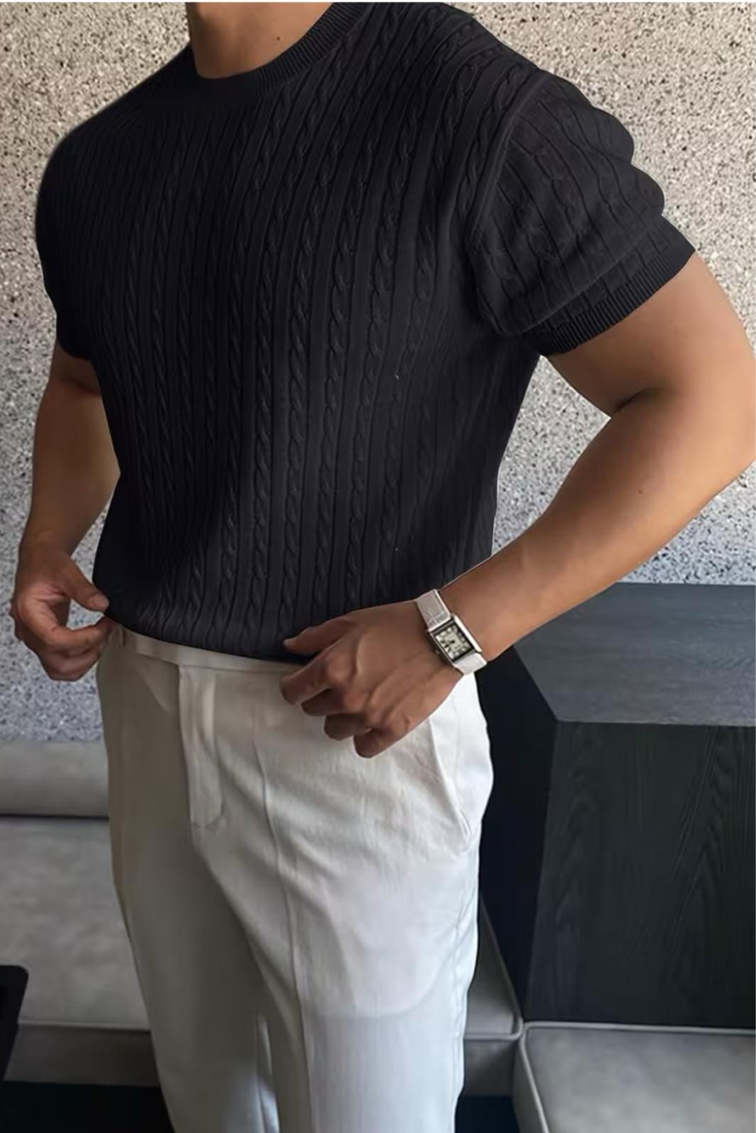 Kelly Lüks Seri Erkek Slim Fit Saç Örgü Desenli Bisiklet Yaka Kısa Kollu Triko Tişört