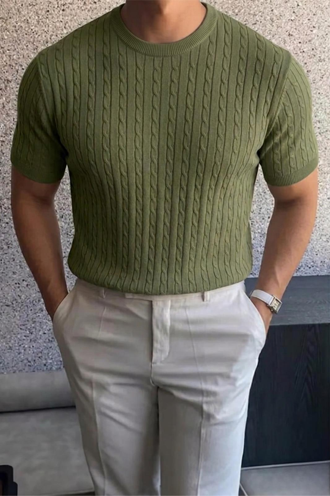 Kelly Lüks Seri Erkek Slim Fit Saç Örgü Desenli Bisiklet Yaka Kısa Kollu Triko Tişört