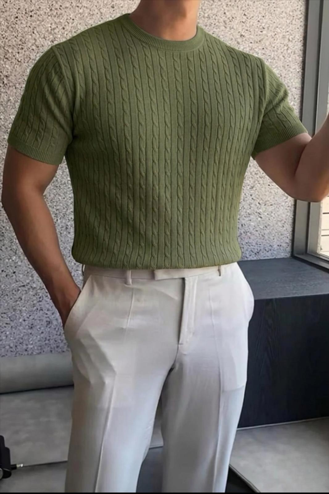Kelly Lüks Seri Erkek Slim Fit Saç Örgü Desenli Bisiklet Yaka Kısa Kollu Triko Tişört
