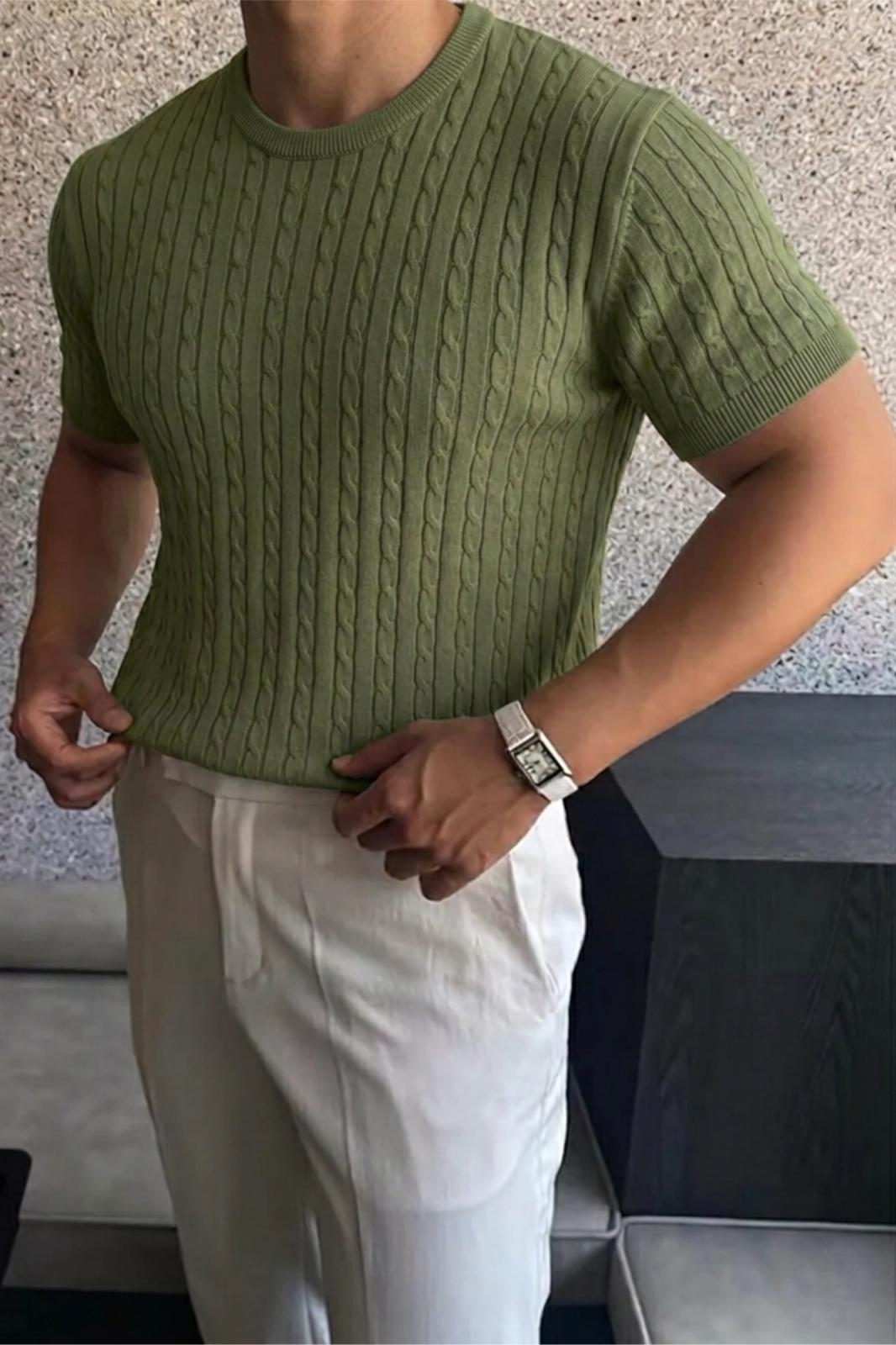 Kelly Lüks Seri Erkek Slim Fit Saç Örgü Desenli Bisiklet Yaka Kısa Kollu Triko Tişört