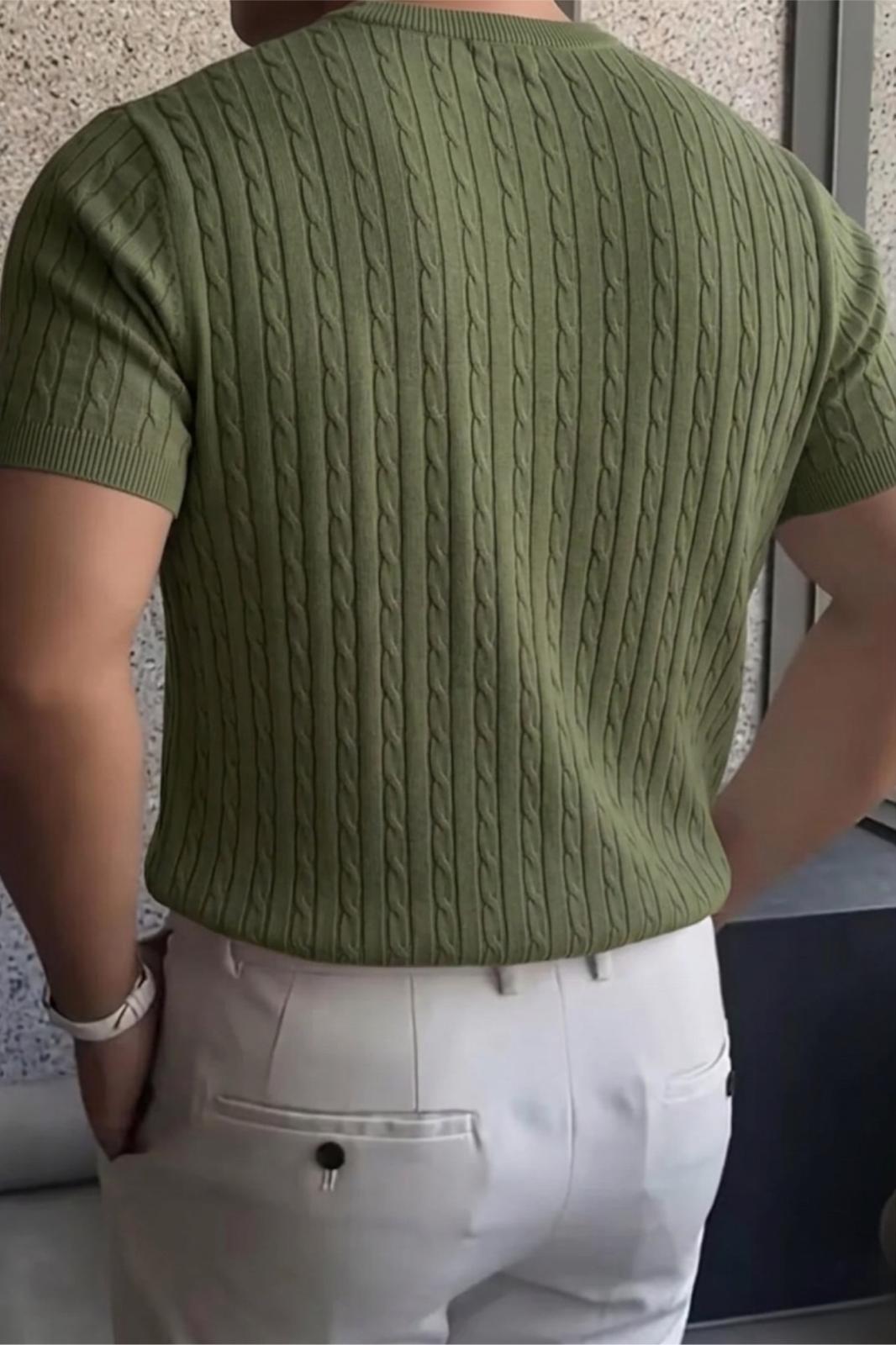 Kelly Lüks Seri Erkek Slim Fit Saç Örgü Desenli Bisiklet Yaka Kısa Kollu Triko Tişört