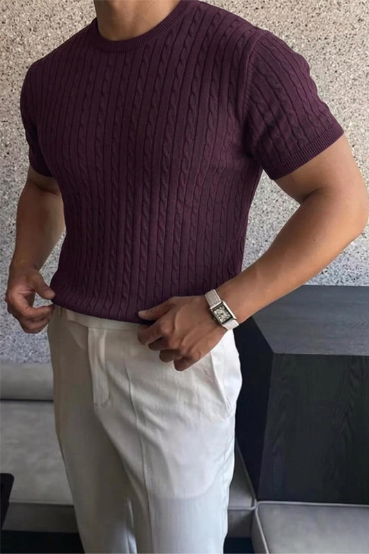 Kelly Lüks Seri Erkek Slim Fit Saç Örgü Desenli Bisiklet Yaka Kısa Kollu Triko Tişört