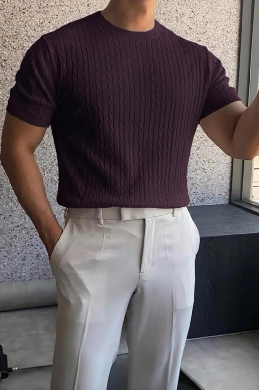 Kelly Lüks Seri Erkek Slim Fit Saç Örgü Desenli Bisiklet Yaka Kısa Kollu Triko Tişört