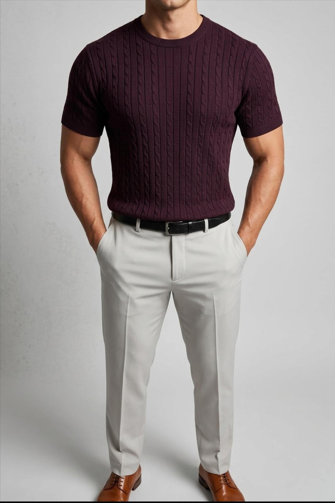 Kelly Lüks Seri Erkek Slim Fit Saç Örgü Desenli Bisiklet Yaka Kısa Kollu Triko Tişört