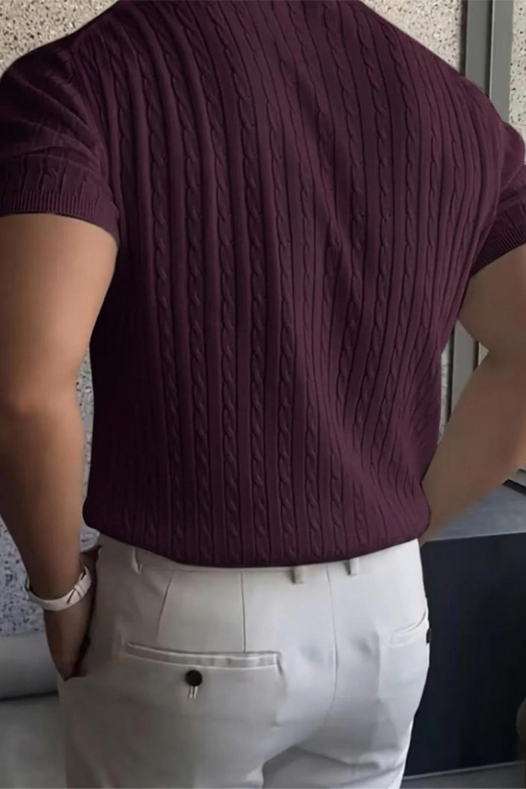 Kelly Lüks Seri Erkek Slim Fit Saç Örgü Desenli Bisiklet Yaka Kısa Kollu Triko Tişört