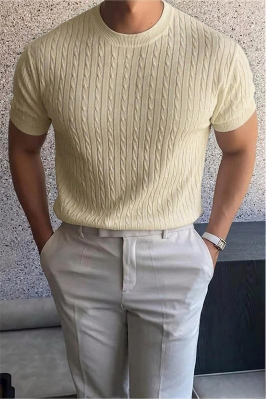 Kelly Lüks Seri Erkek Slim Fit Saç Örgü Desenli Bisiklet Yaka Kısa Kollu Triko Tişört
