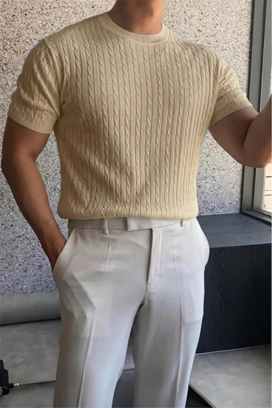 Kelly Lüks Seri Erkek Slim Fit Saç Örgü Desenli Bisiklet Yaka Kısa Kollu Triko Tişört