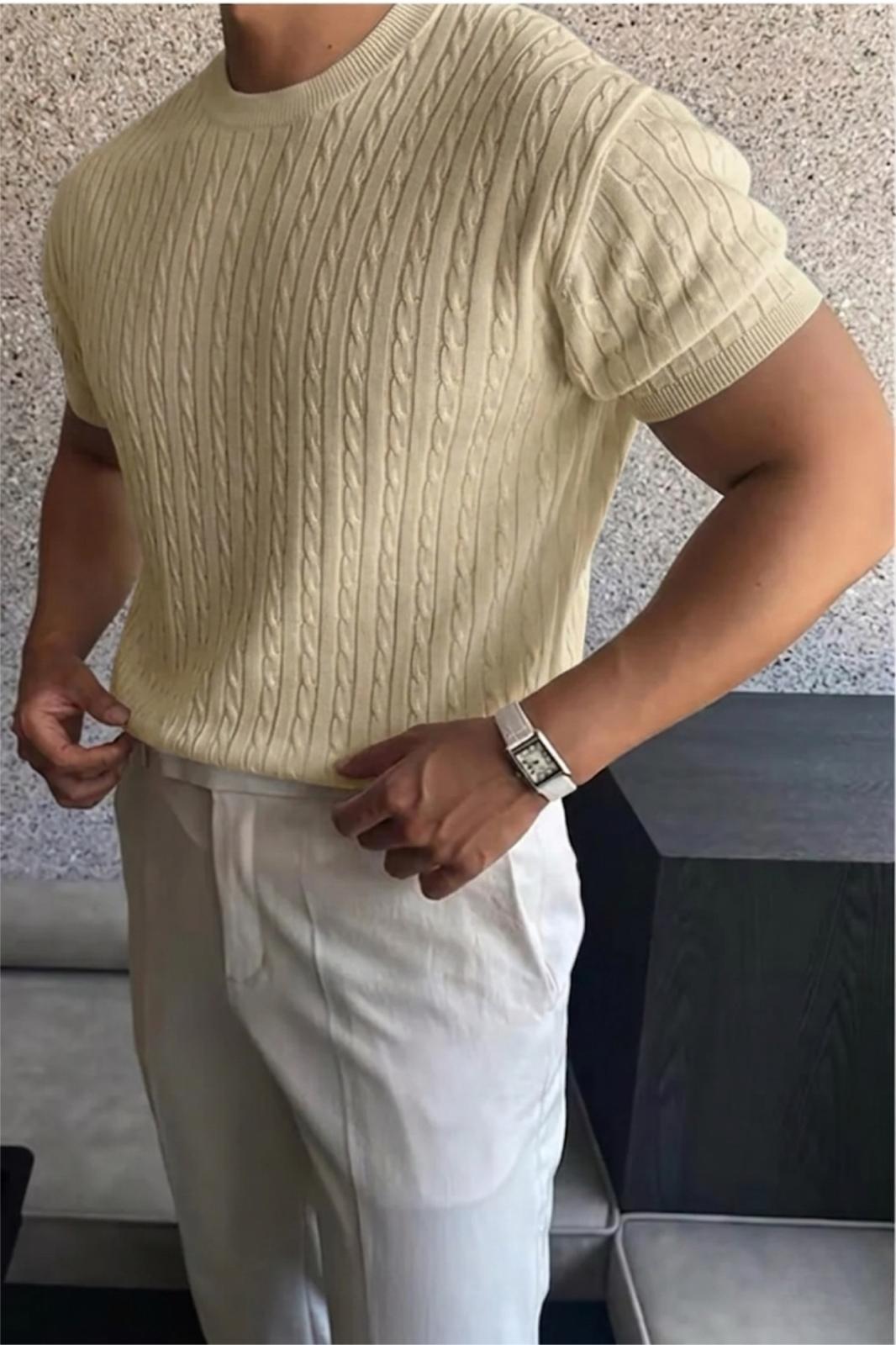 Kelly Lüks Seri Erkek Slim Fit Saç Örgü Desenli Bisiklet Yaka Kısa Kollu Triko Tişört