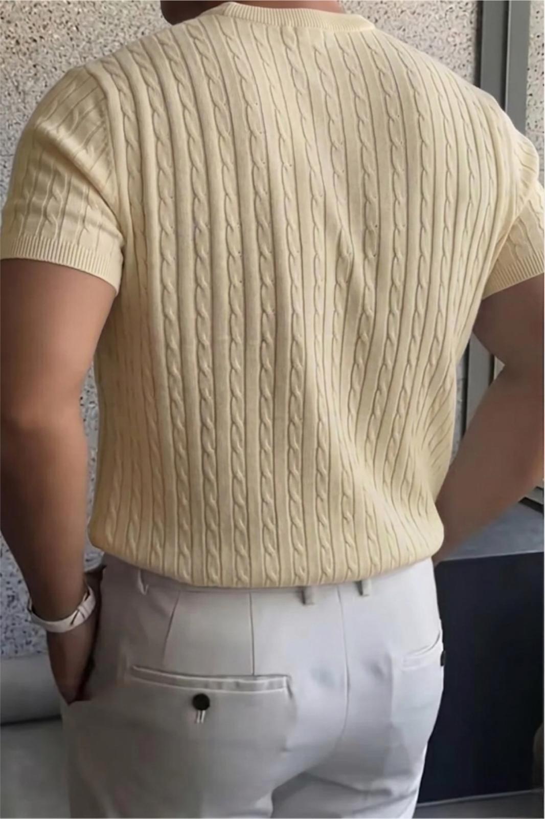 Kelly Lüks Seri Erkek Slim Fit Saç Örgü Desenli Bisiklet Yaka Kısa Kollu Triko Tişört