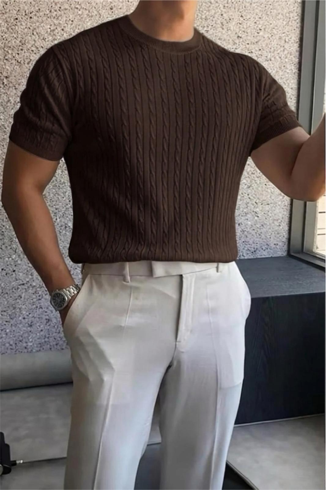 Kelly Lüks Seri Erkek Slim Fit Saç Örgü Desenli Bisiklet Yaka Kısa Kollu Triko Tişört