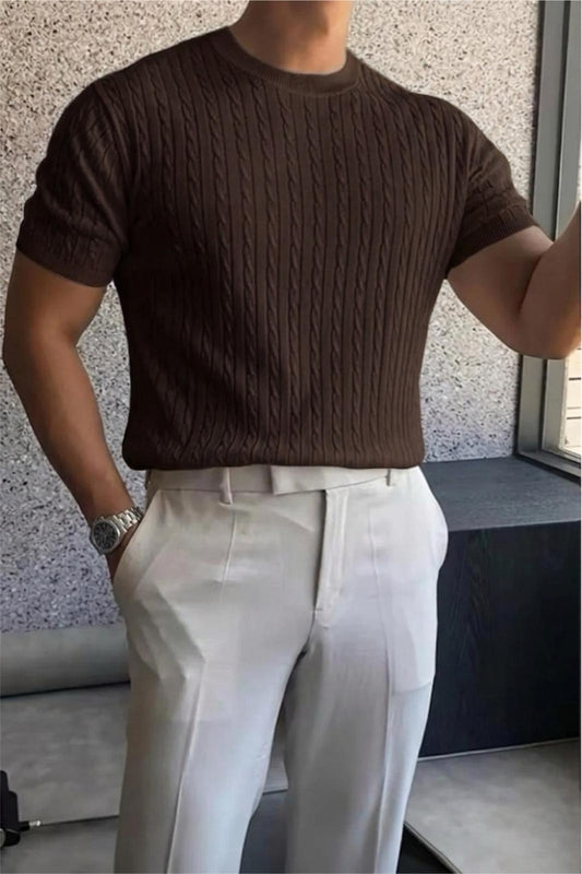 Kelly Lüks Seri Erkek Slim Fit Saç Örgü Desenli Bisiklet Yaka Kısa Kollu Triko Tişört