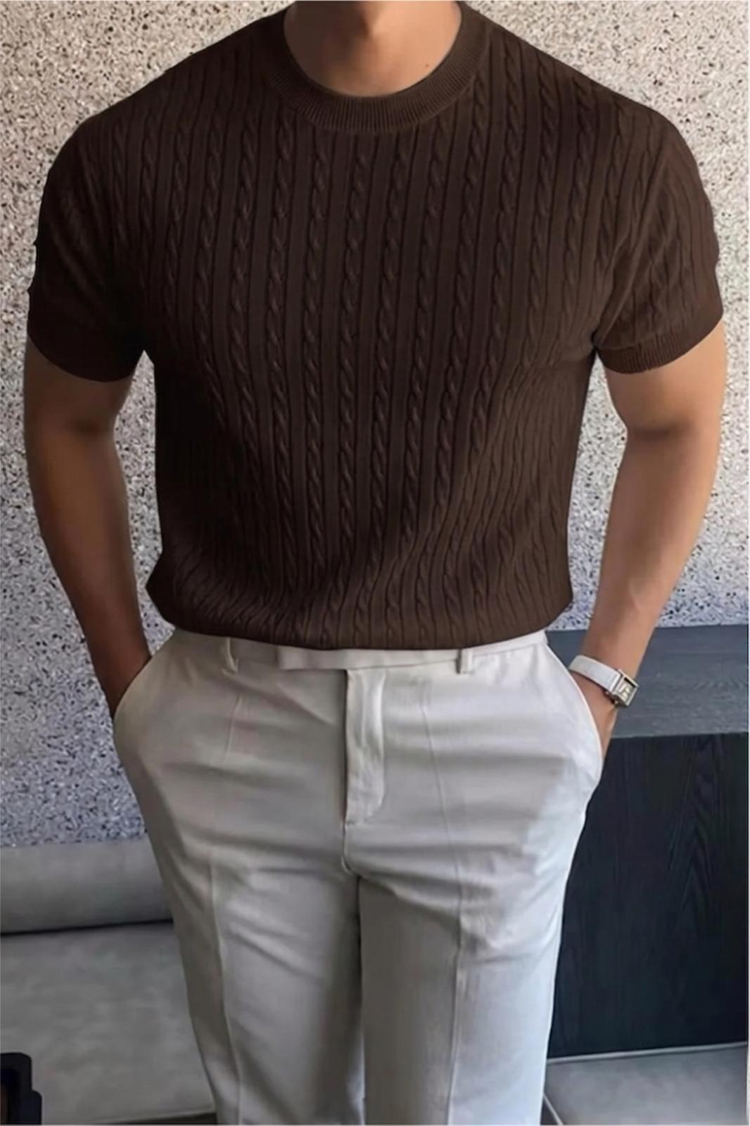 Kelly Lüks Seri Erkek Slim Fit Saç Örgü Desenli Bisiklet Yaka Kısa Kollu Triko Tişört