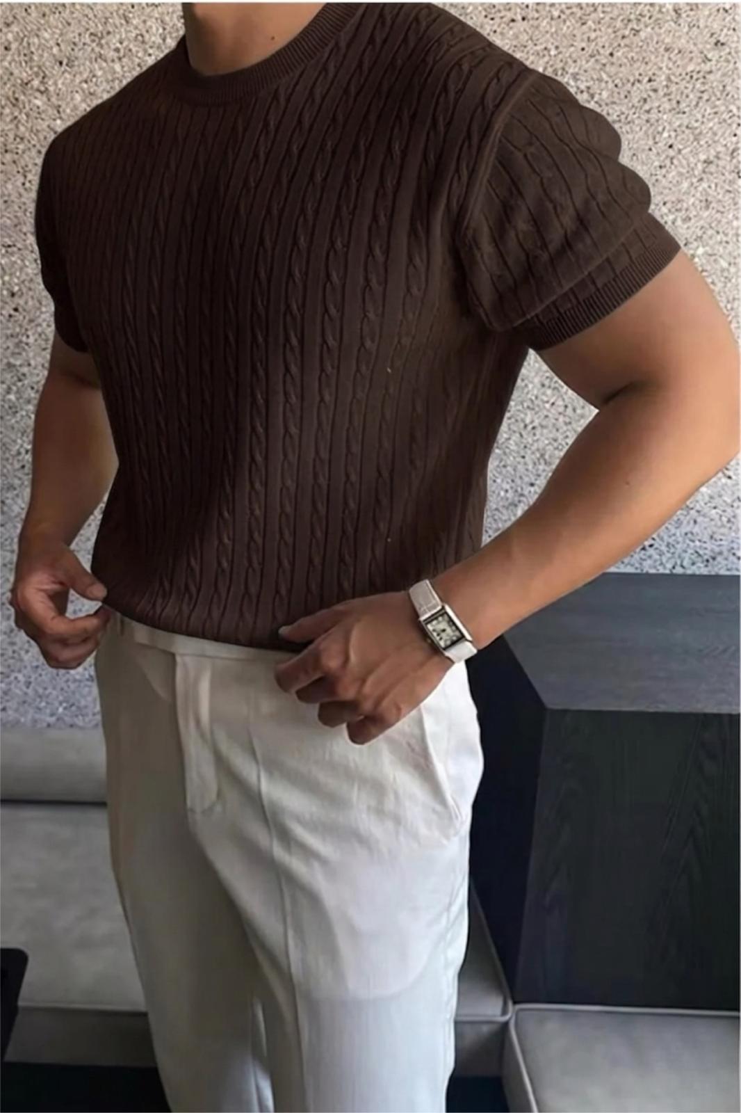 Kelly Lüks Seri Erkek Slim Fit Saç Örgü Desenli Bisiklet Yaka Kısa Kollu Triko Tişört