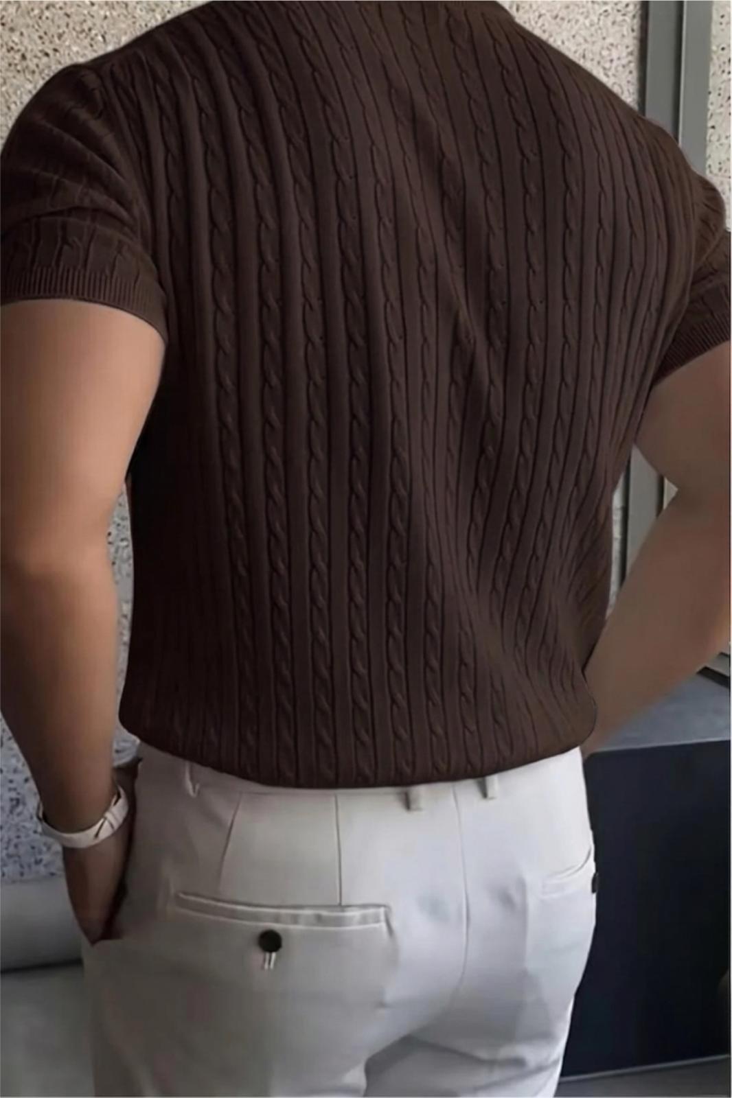 Kelly Lüks Seri Erkek Slim Fit Saç Örgü Desenli Bisiklet Yaka Kısa Kollu Triko Tişört