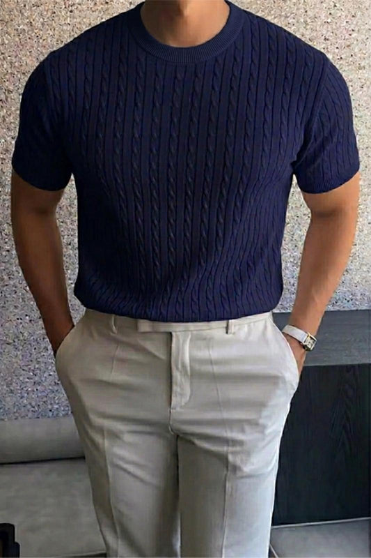 Kelly Lüks Seri Erkek Slim Fit Saç Örgü Desenli Bisiklet Yaka Kısa Kollu Triko Tişört