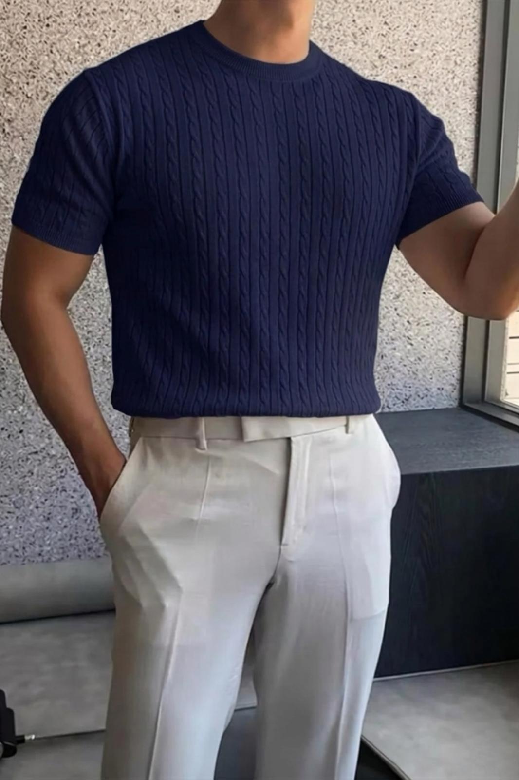 Kelly Lüks Seri Erkek Slim Fit Saç Örgü Desenli Bisiklet Yaka Kısa Kollu Triko Tişört