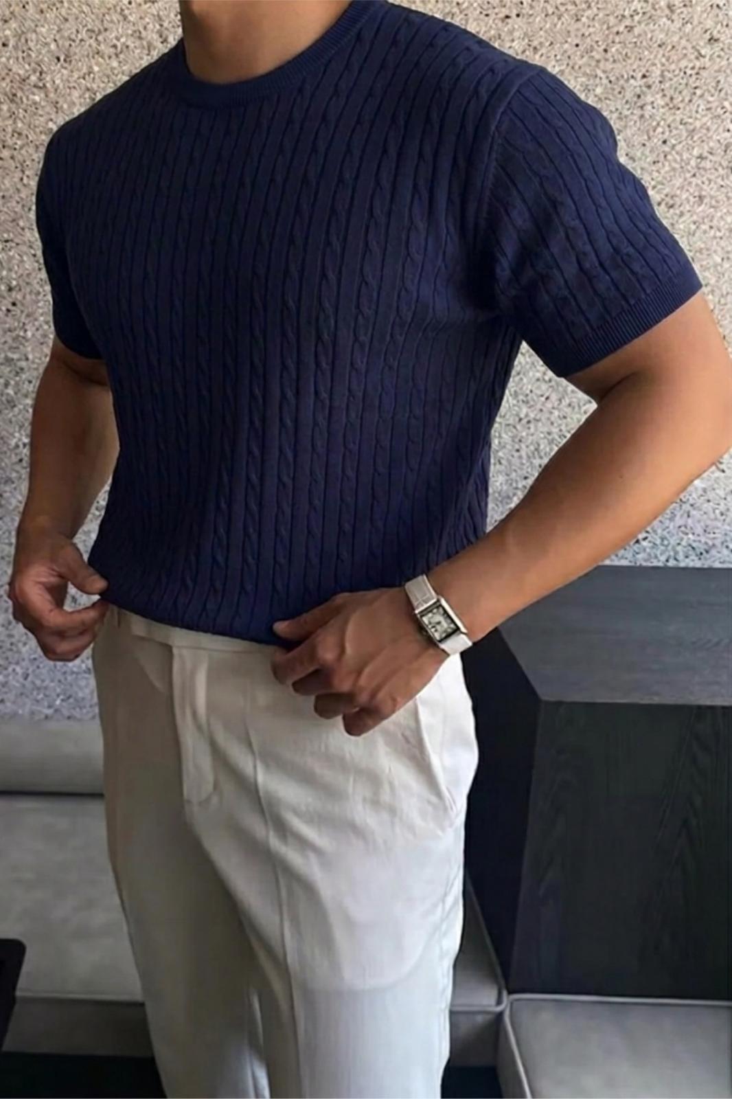 Kelly Lüks Seri Erkek Slim Fit Saç Örgü Desenli Bisiklet Yaka Kısa Kollu Triko Tişört