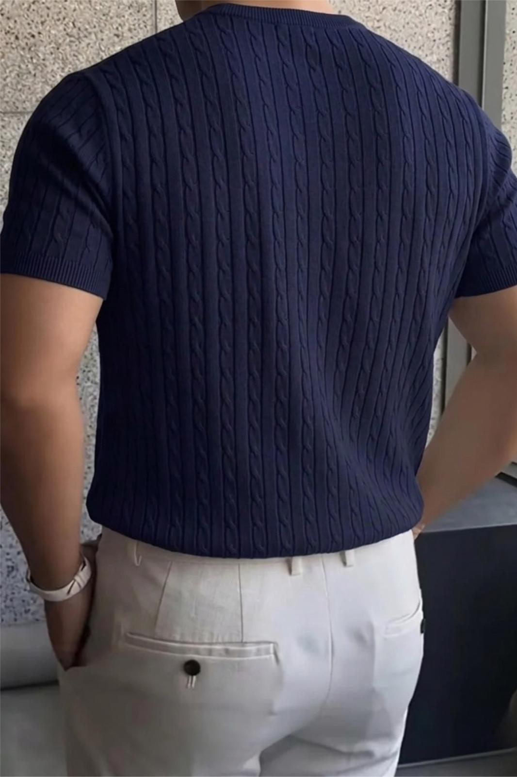 Kelly Lüks Seri Erkek Slim Fit Saç Örgü Desenli Bisiklet Yaka Kısa Kollu Triko Tişört