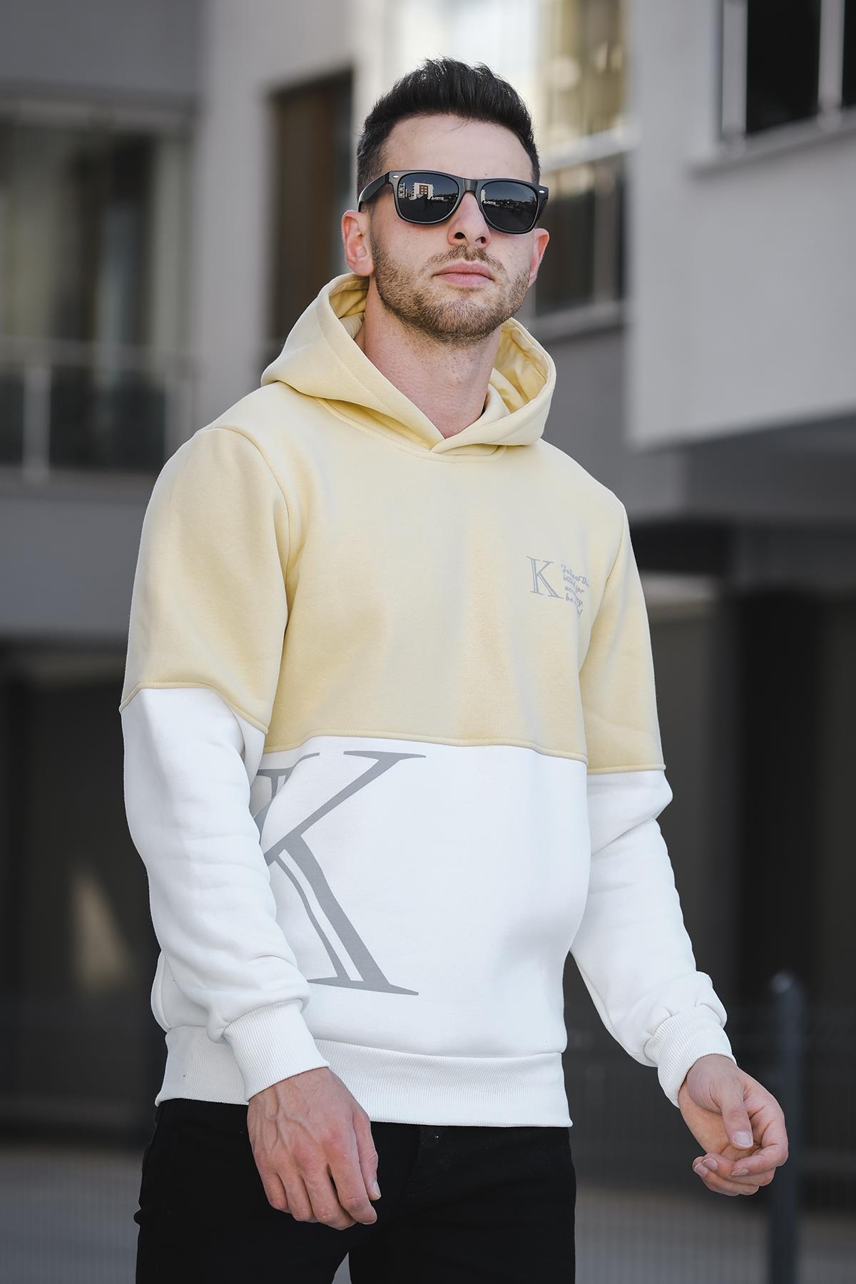 Kewin Üç İplik Şardonlu Baskılı Çift Renk Parçalı Kapüşonlu Erkek Sweatshirt