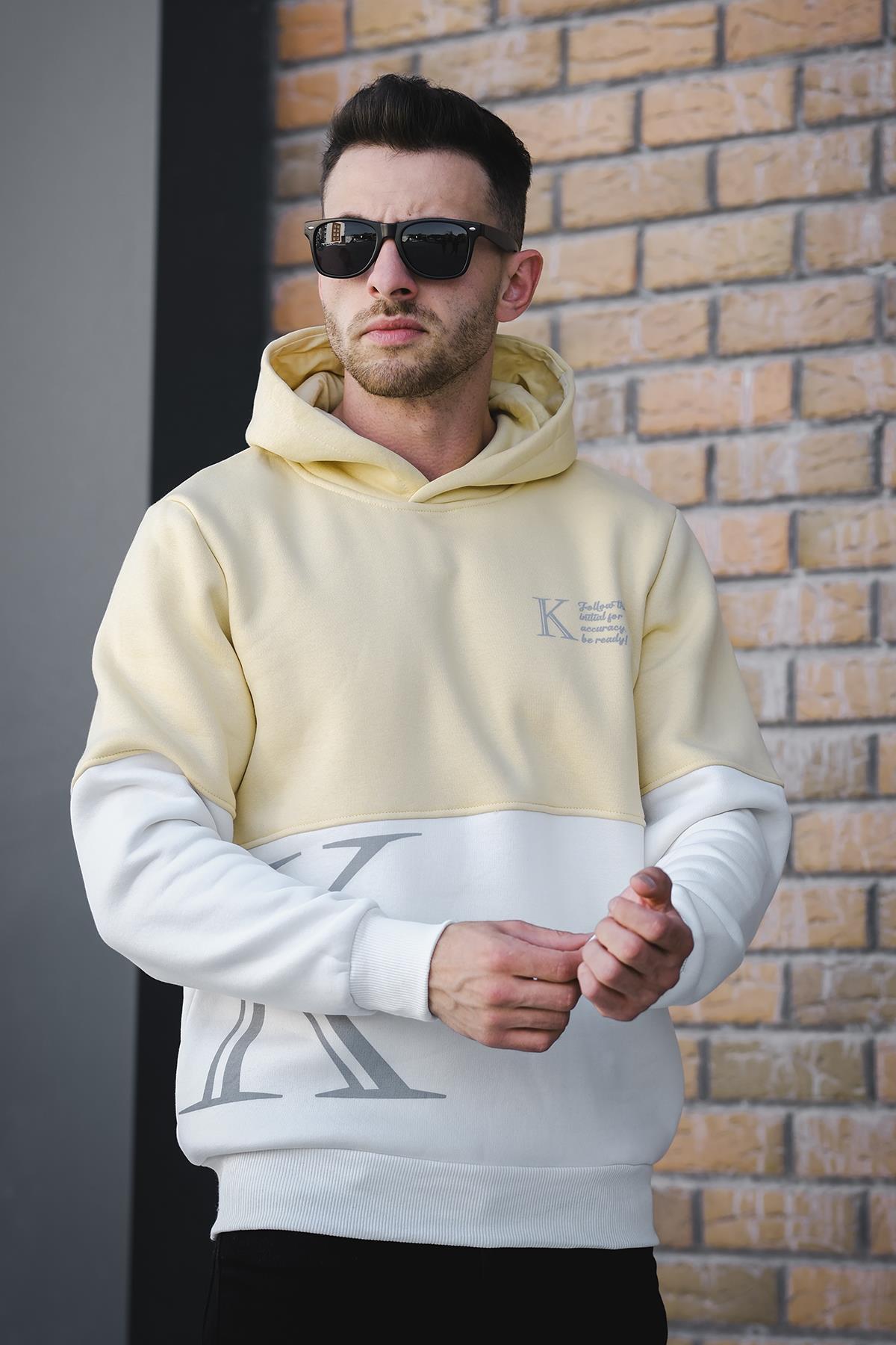 Kewin Üç İplik Şardonlu Baskılı Çift Renk Parçalı Kapüşonlu Erkek Sweatshirt