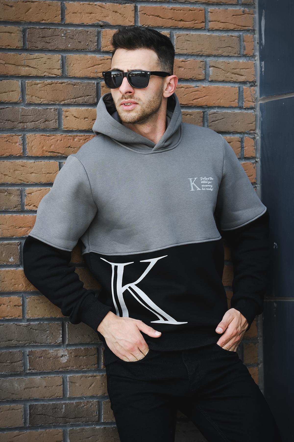 Kewin Üç İplik Şardonlu Baskılı Çift Renk Parçalı Kapüşonlu Erkek Sweatshirt